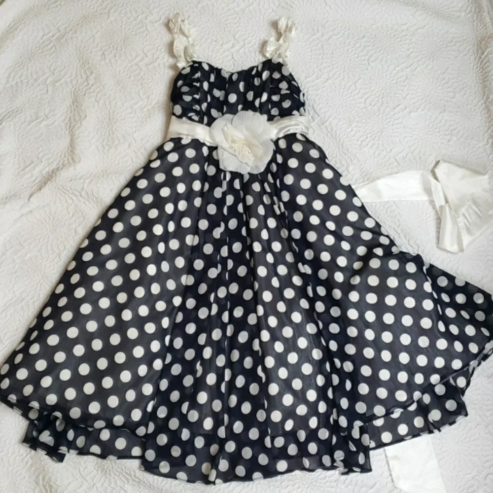 Sugar Plum Girls Polka Dot White Flower Strap Kids Dress Size 8